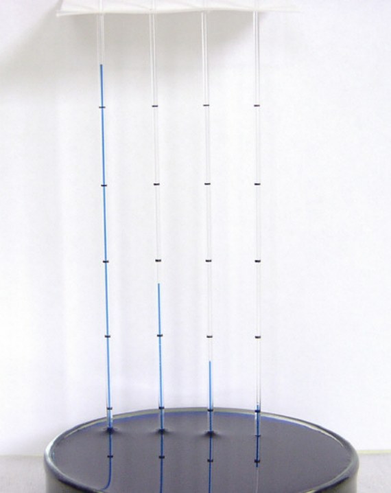 A liquid rises to different heights in four capillary tubes of different widths